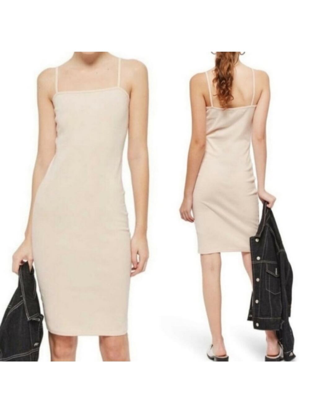 Topshop Nude Bodycon Square Neck Sheath Midi Dress Size 8